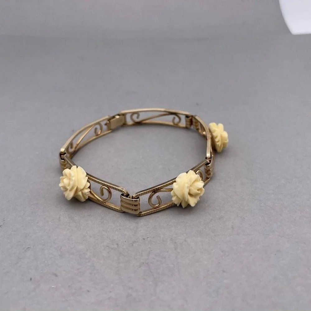 Vintage Amco 14k Gold Filled Celluloid Rose Five Panel Bracelet - Picture 3 of 8